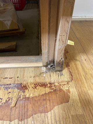 洗面所の浴室側の柱の体液汚染とその拡大写真