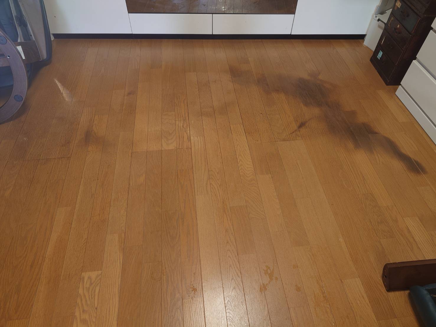 リビング床のビフォア、清掃御、ビフォア