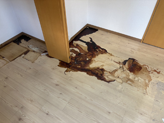 亡くなった場所のビフォア、撤去後、床撤去後、削り取り後、消毒剤散布後、アフター