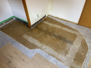 亡くなった場所のビフォア、撤去後、床撤去後、削り取り後、消毒剤散布後、アフター