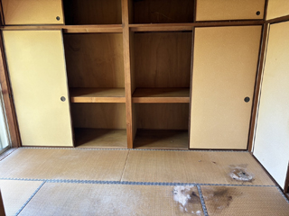 お亡くなりになった部屋２のビフォア、撤去後、畳撤去後、アフター