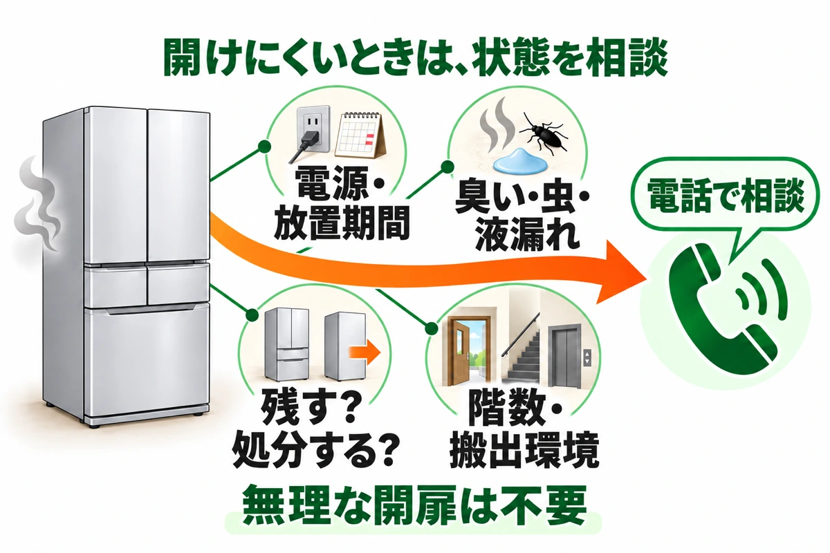 閉じた冷蔵庫から電話相談へ進み、分かる範囲の状態を伝える図