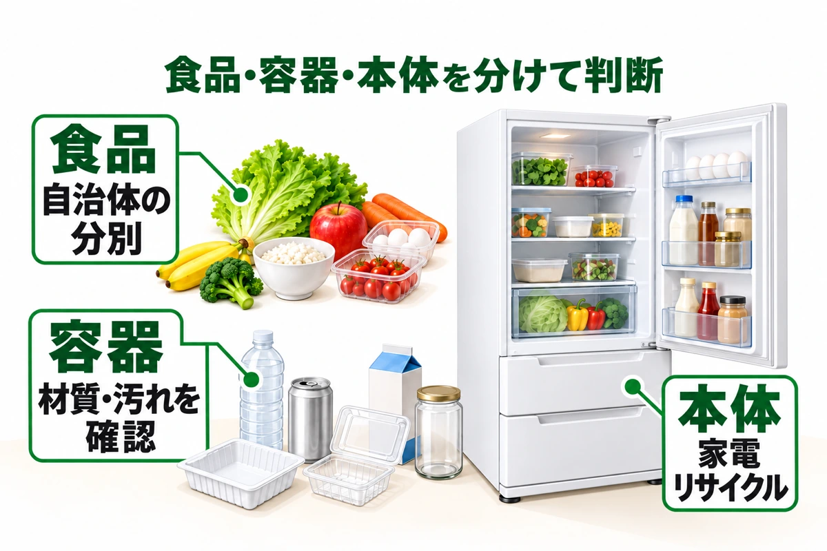 食品・容器・本体を物の位置と引出線で分け、確認先の違いを示す図