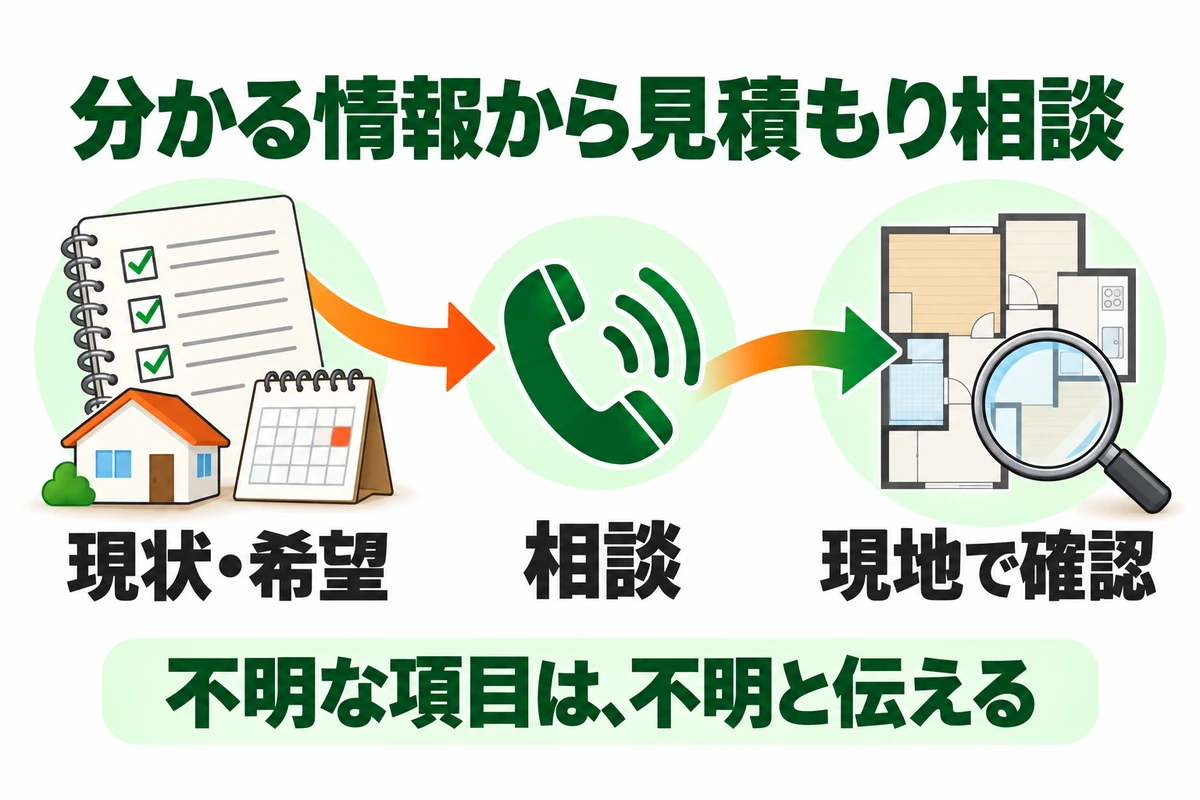 分かる現状と希望をメモして相談し、不明な箇所は現地で確認する流れを示す図