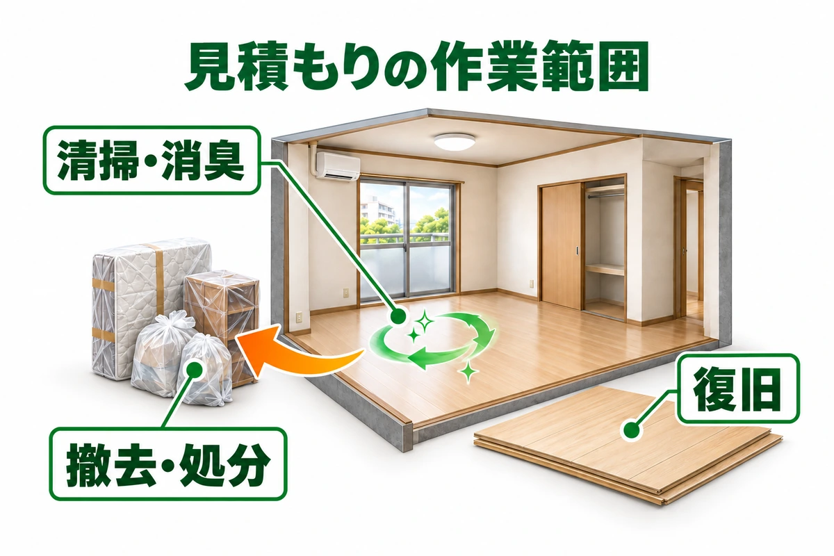 部屋の清掃と消臭、梱包物の撤去と処分、床材の復旧を別々の対象として示す図