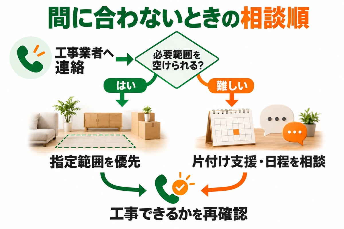 工事業者へ連絡し、必要範囲を空けられるかにより指定範囲の優先または片付け支援と日程相談へ分かれ、工事可否を再確認する流れ