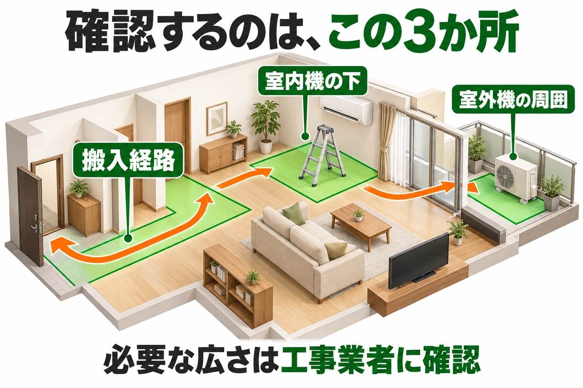 エアコン工事前に確認する搬入経路、室内機の下、室外機周辺の3か所を示す空間図