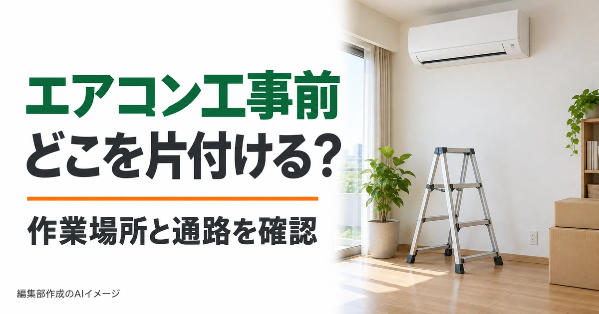 壁掛けエアコンと空けた床を描いた、工事前の片付けを案内するアイキャッチ