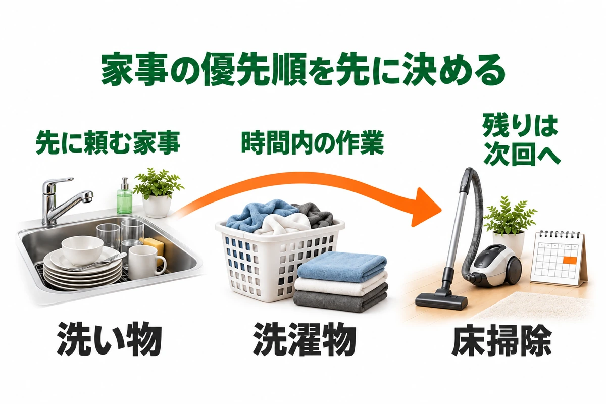 洗い物、洗濯物、床掃除を例に、先に頼む家事と時間内の作業、次回に残す作業をつなぐ図