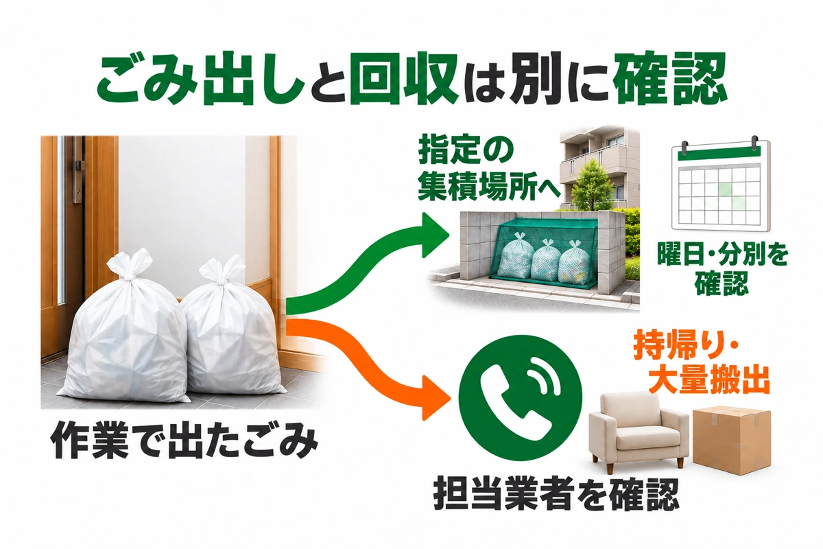 指定の集積場所へのごみ出しと、持帰りや大量搬出の担当業者確認を別の経路として示す図