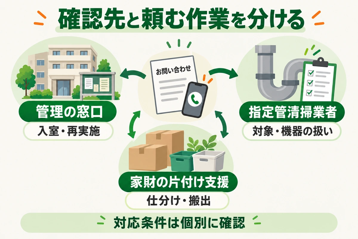 管理の窓口には入室と再実施、指定管清掃業者には対象と機器の扱い、家財支援には仕分けと搬出を確認する相談先の図