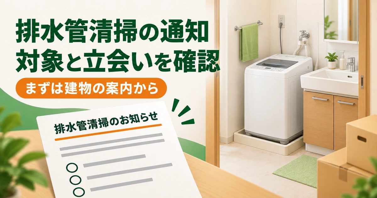 排水管清掃の通知と汎用の洗濯機・洗面台を描き、今回の対象と立会いを建物の案内で確認するイメージ