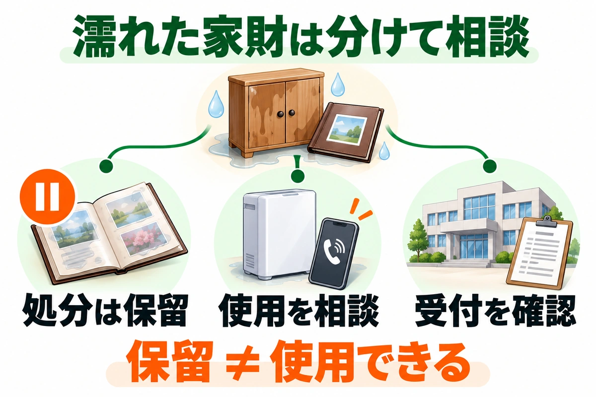 濡れた家財について、処分の保留、使用の相談、受付の確認を別に考える3方向の図