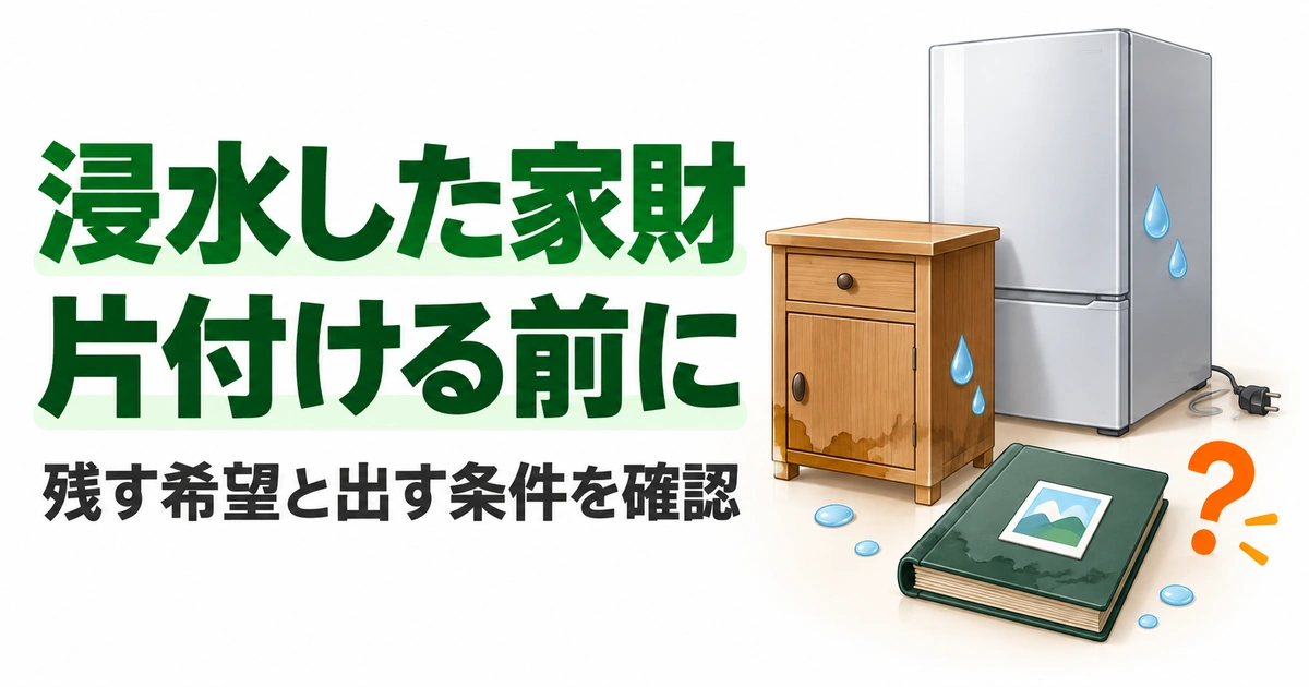 濡れた家具と家電、思い出の品を前に、残す希望と出す条件を確認する浸水家財の片付けの編集イラスト