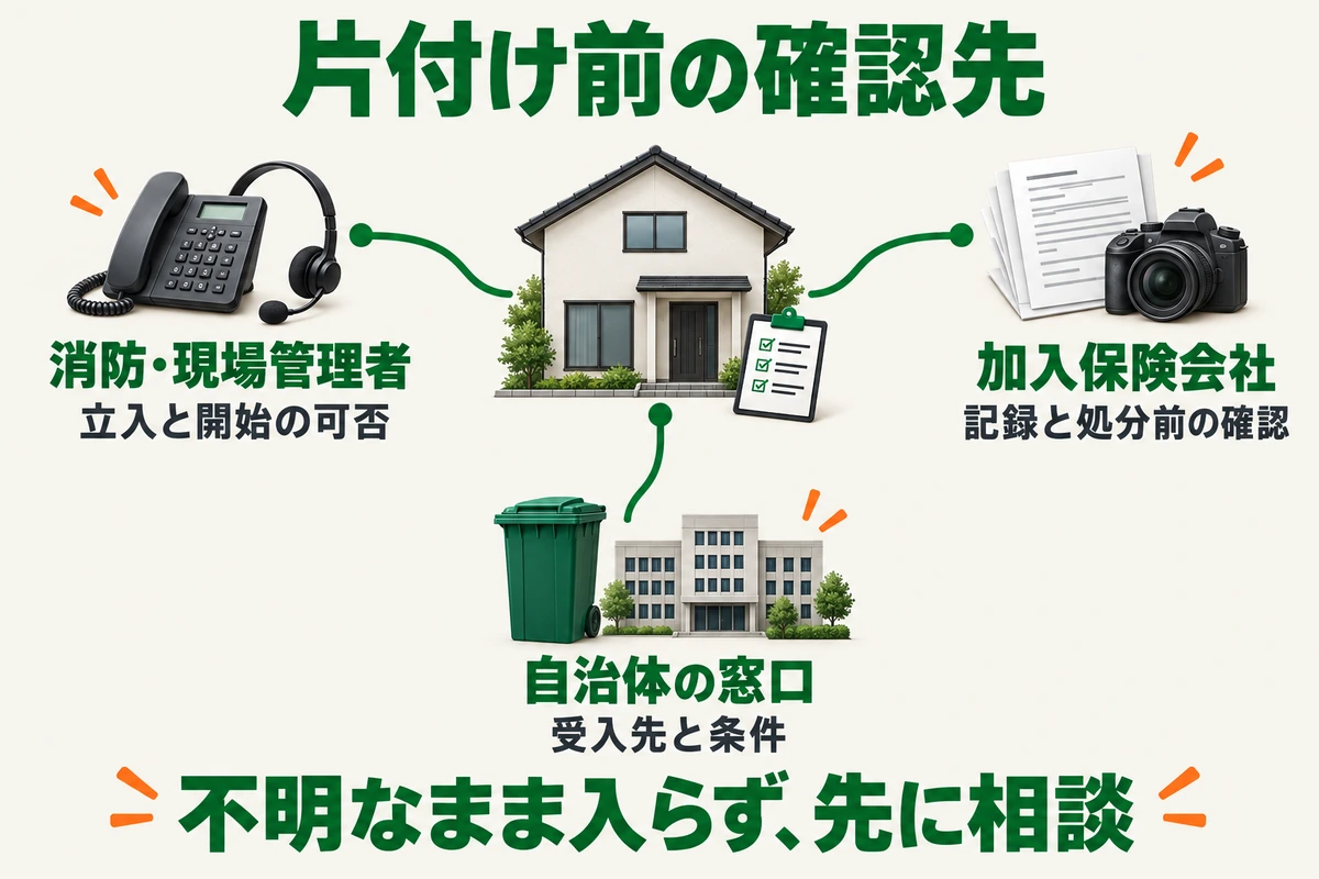閉じた家から消防・現場管理者、加入保険会社、自治体の窓口につなぎ、それぞれ立入、記録、受入条件を確認する図