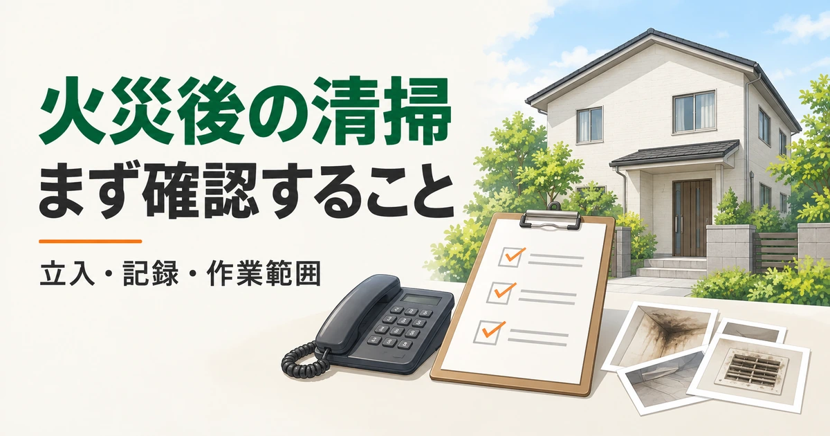 閉じた家の外観と電話・確認書類を描いた火災後の清掃相談のイメージ
