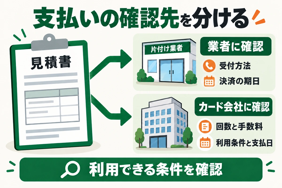 見積書から片付け業者とカード発行会社へ矢印を分け、受付方法と決済期日、回数と手数料、利用条件と支払日をそれぞれ確認する図