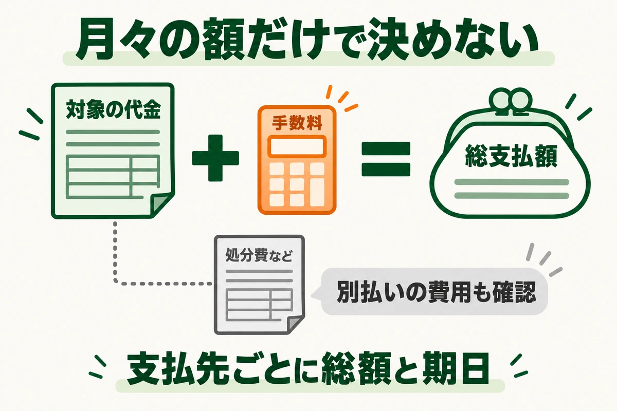 分割対象の代金と手数料から総支払額を確認し、処分費など別払いの費用は別に支払先と期日を確認する費用構成図