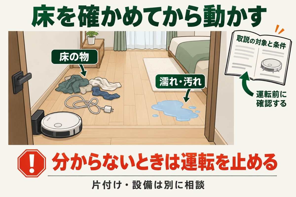 床の物と濡れや汚れがある場所の手前でロボット掃除機を止め、取扱説明書の対象と条件を確認する床の点検図