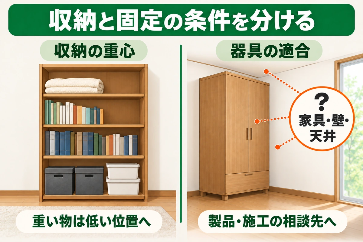 重い物を下に収納する重心の考え方と、家具・壁・天井に対する固定器具の適合確認を分ける図