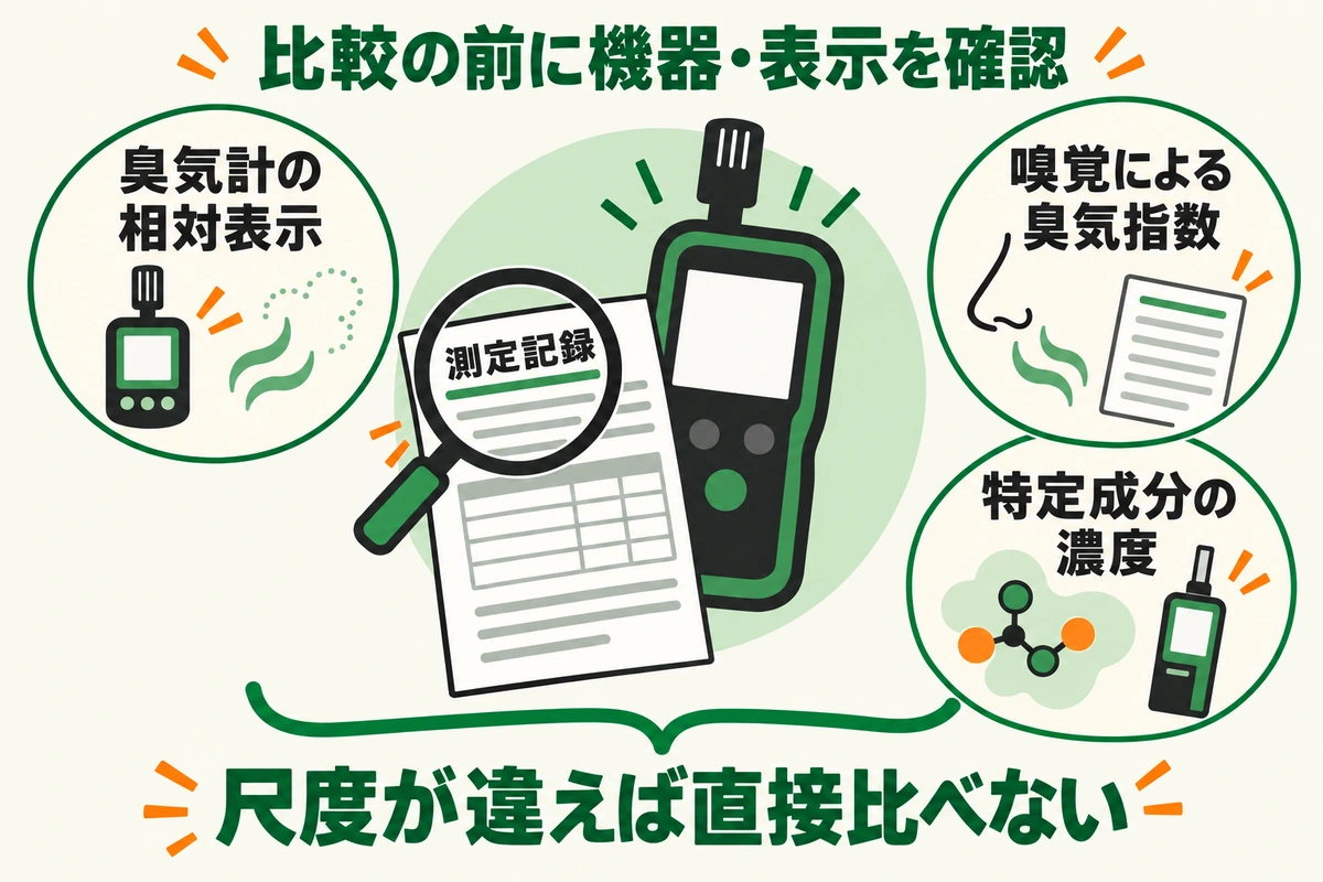 測定記録から、臭気計の相対表示、嗅覚による臭気指数、特定成分の濃度という三つの尺度を分ける関係図