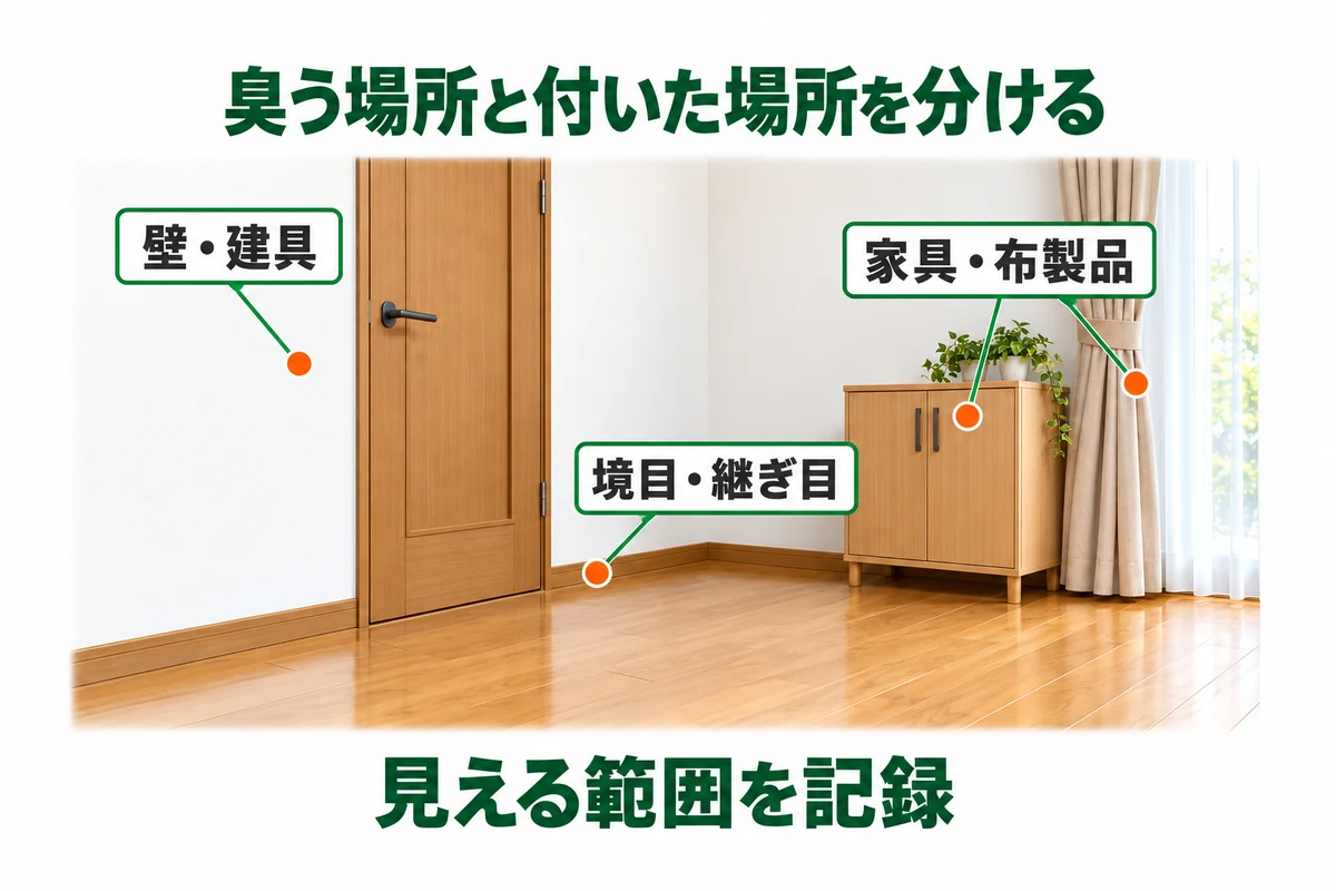 壁・建具、床との境目、家具・布製品を分け、臭う場所と尿の付着が分かる場所を見える範囲で記録する説明図
