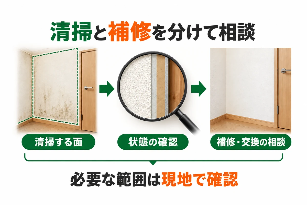 清掃する面、建材の状態の確認、補修や交換の相談を分け、必要な範囲を現地で確認する考え方の説明図